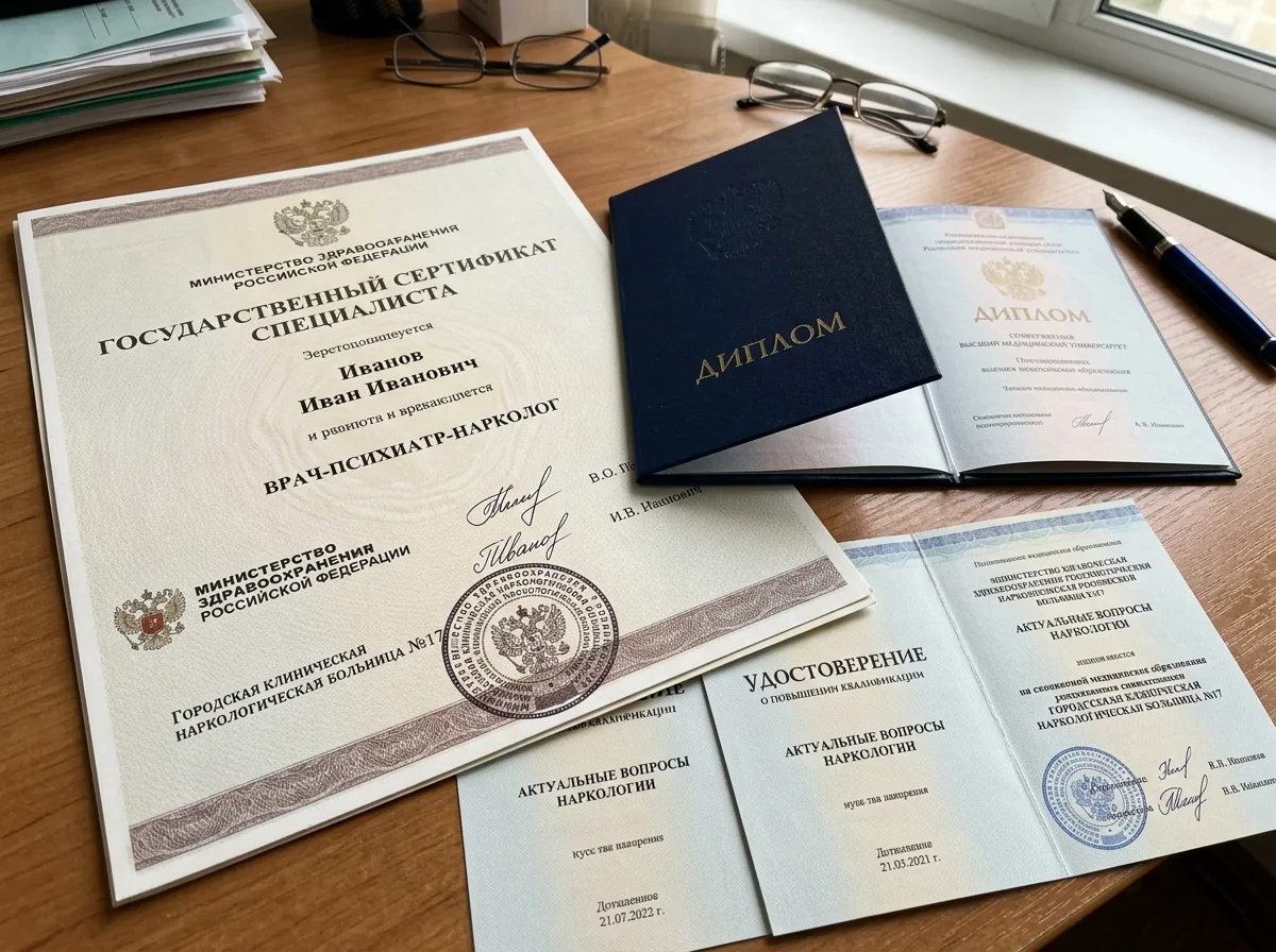Сертификаты специалистов врачей-наркологов с печатями медицинского учреждения, дипломы и удостоверения о повышении квалификации