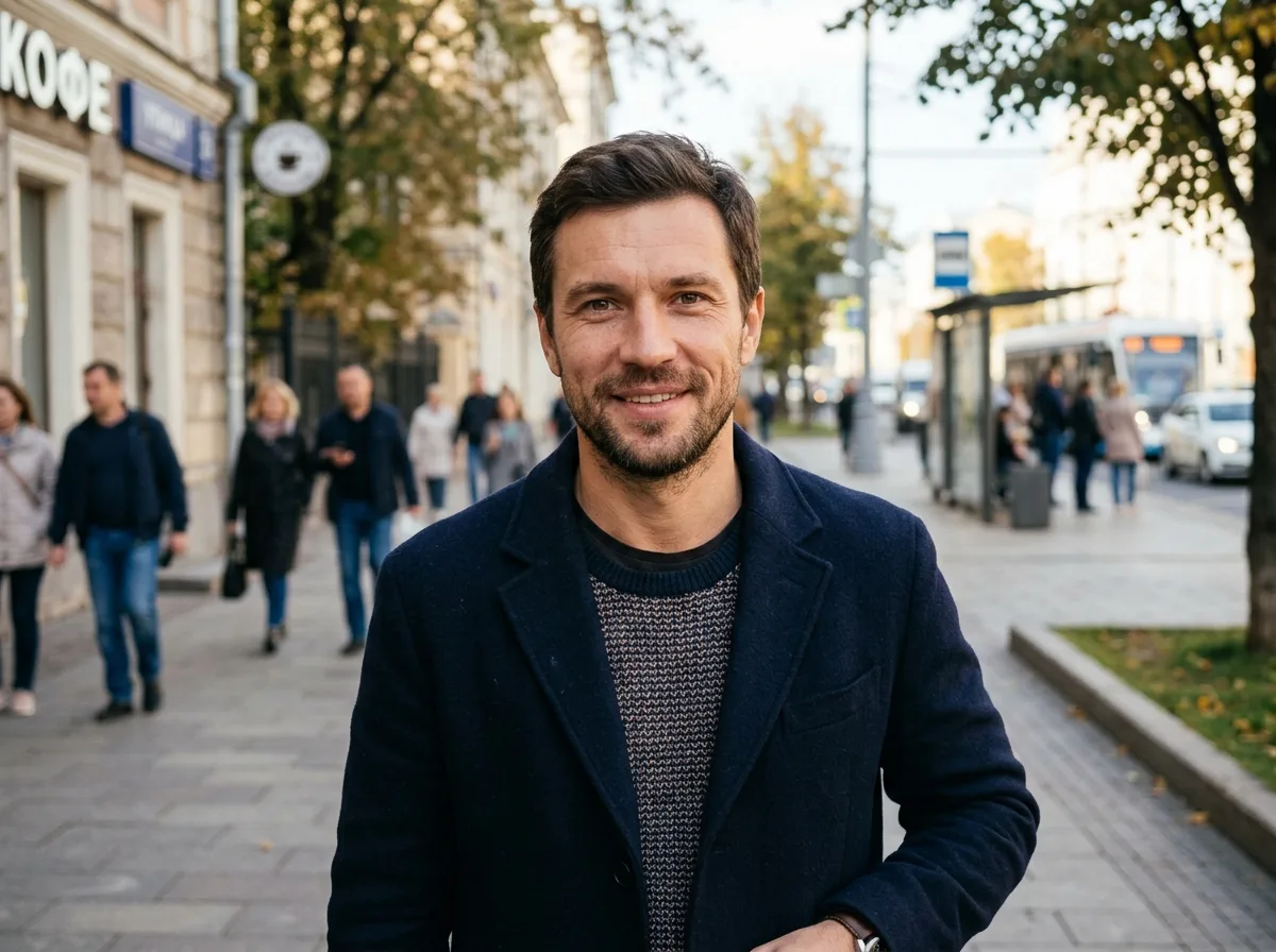 Портрет мужчины Ивана, 35 лет, открытое лицо, уличный фон, спокойное выражение