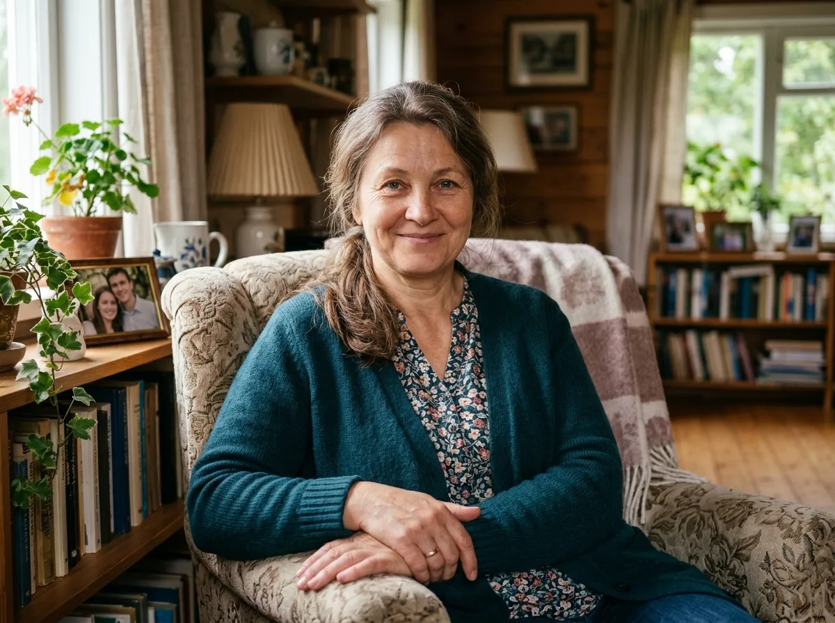 Портрет женщины Натальи, 50 лет, заботливый взгляд, домашняя обстановка, лёгкая улыбка облегчения